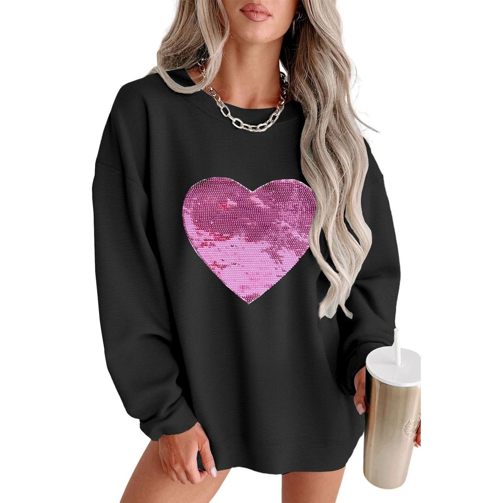 NWOT Oversized Sequin Heart Sweatshirt Pink Heart‎ Graphic Black Womens Medium